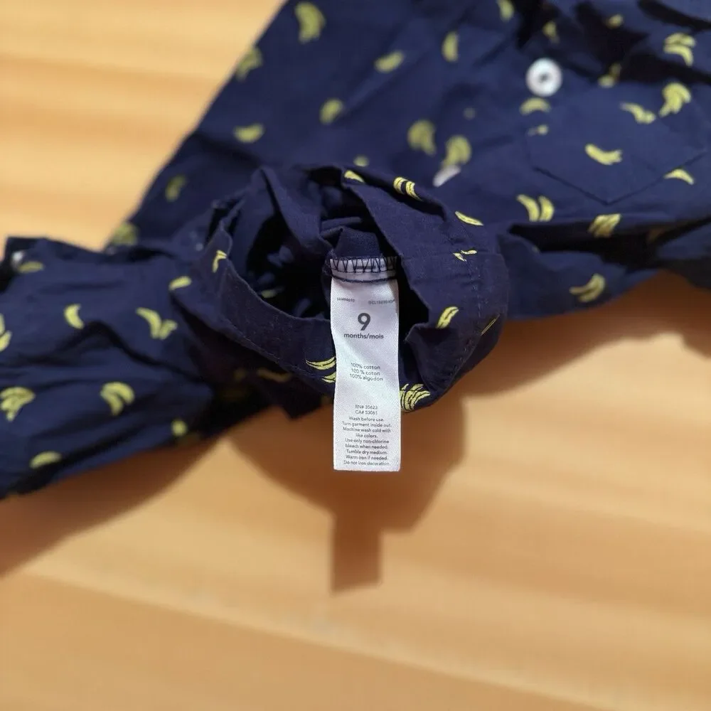 Carters Baby Romper 9 Months Blue Yellow Bananas Collared Button Up One Piece
